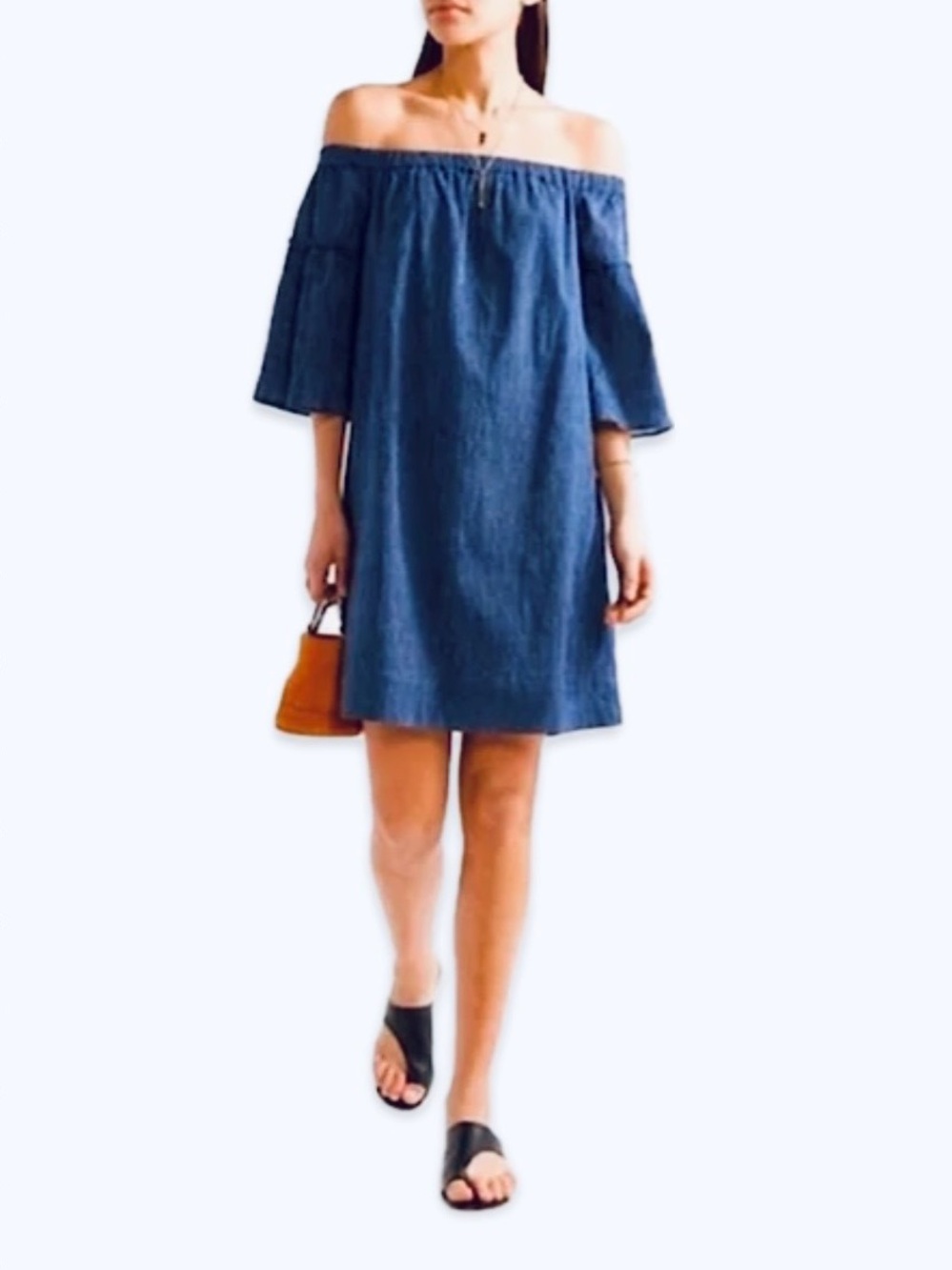 Madewell Navy Blue Off-Shoulder Bell Sleeve Pinstripe Dress Size 12 G3457